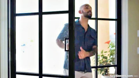 Bald bearded man in blue shirt enters room, featuring busty MILF Christie Stevens