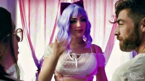 Anime-style ladyboy in purple wig and white lingerie with couple