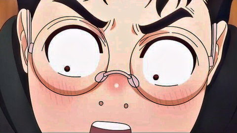 Shocked anime young man with glasses wide eyes blushing open mouth expression