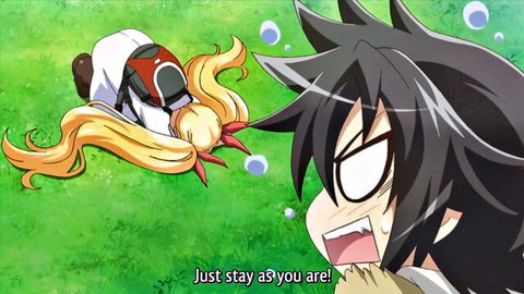 Anime chicken girl with blonde hair floats as angry black-haired boy yells 'Just stay as you are!'