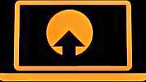 Orange stylized laptop icon with upload arrow on black screen