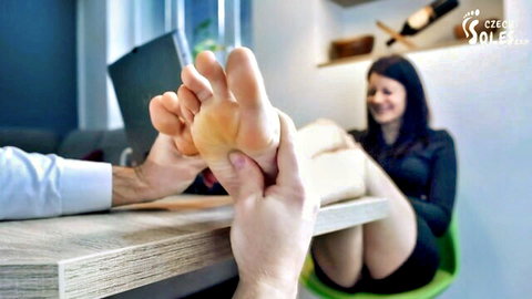 Czech office colleague's bare soles and long toes worshipped in foot massage