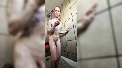 Nude skinny man with tattoos in shower selfie, Athena-Ryain getting ready