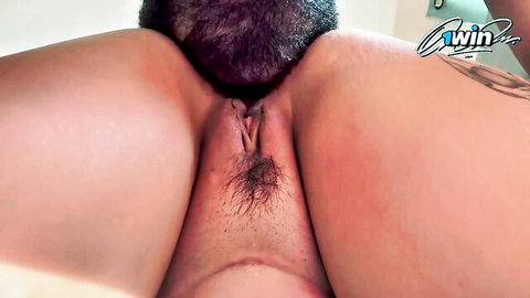 Muscular black guy fucking hairy ebony pussy doggystyle from behind closeup