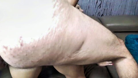 Hairy fat man's thick veiny cock stroked by woman's hand with pink nails closeup