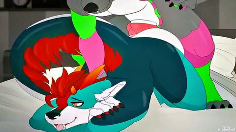 Muscular gray wolf furry thrusts big cock into red fox furry's tight ass on bed moaning wildly.