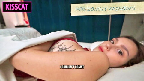 Seductive Asian stepmom in red lingerie, tattooed shoulder, lying in bed post-creampie