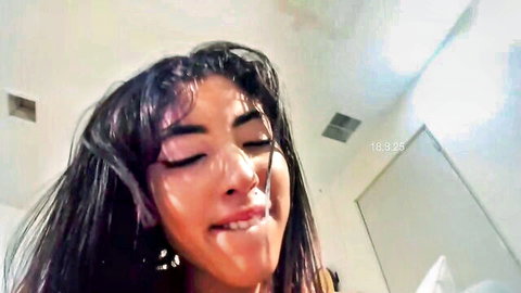 Shena Nomy skinny brunette's orgasm face during pussy fingering