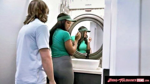 Curvy ebony babe with big ass in tight skirt touched by guy in bathroom mirror