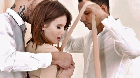 Milka Wey in threesome, two men tying her neck with sash