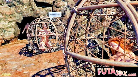 3D futa redhead and captive in bamboo cages, bondage scene from Futa3DX First Contact Part 2