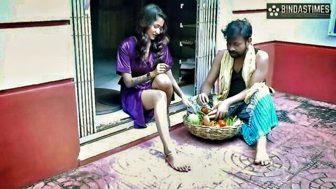 Indian teen in purple dress enjoys veggie intrusion with partner
