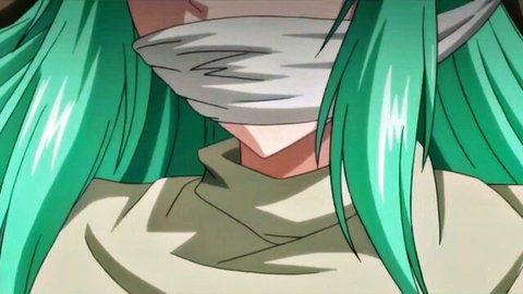 Bound green-haired hentai babe blindfolded and gagged in busty monster mansion