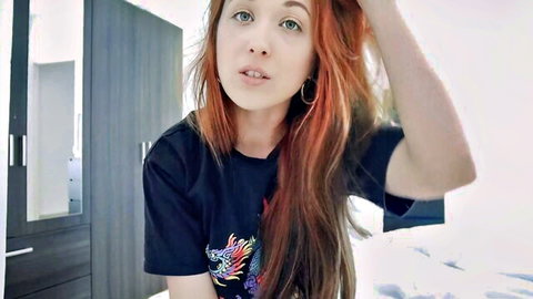 Trish Collins redhead in black tee, seductive ASMR stepsis tease