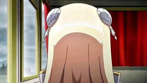 Anime blonde girl with white head accents viewed from behind in hentai scene