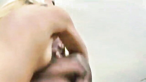 Skinny blonde in pink bra sucking and riding black cock