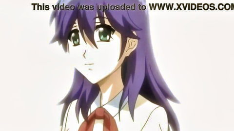 Anime schoolgirl with long purple hair and green eyes in hentai video thumbnail