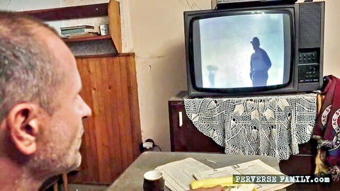 Man watches kinky group sex video on TV with silhouette, perverse family scene