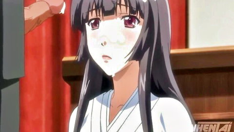 Busty anime teen in white dress with facial cumshot and surprised expression