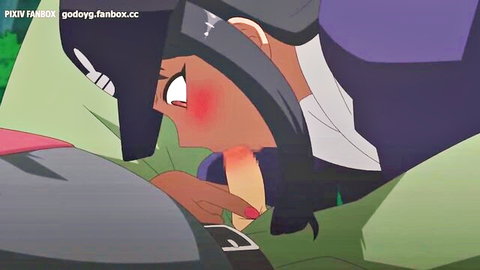 Blushing dark-skinned anime girl in uniform intimately handling a cock