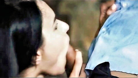 Nikky Stills performing intense blowjob on boss, close-up oral action
