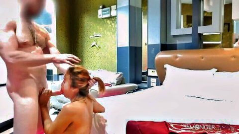 Hot Thai MILF with red pigtails kneels nude for muscular man's POV oral action