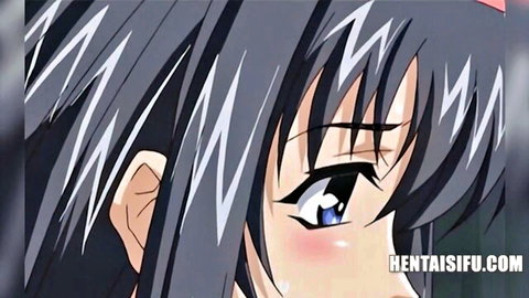 Close-up of blushing hentai girl with big sparkling blue eyes looking seductive