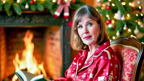 Mature Granny Carmen Claus in sexy red Christmas pajamas by fireplace