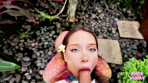 POV closeup of skinny brunette deepthroating big cock with tongue out outdoors in lingerie
