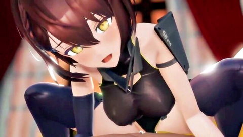 Hentai anime girl with big tits in sheer black outfit squats seductively with tongue out