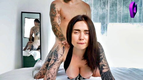 Tattooed brunette groans in doggy style as guy pumps her full of cum