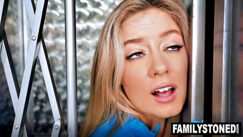 River Lynn blonde bombshell peeking through bars in blue top for spitroast threesome