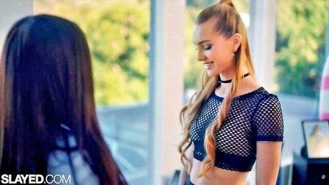 Blonde and brunette babes in sexy mesh top teasing intimately