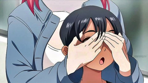 Anime redhead blindfolds black-haired girl in intimate school scene, Ep.3