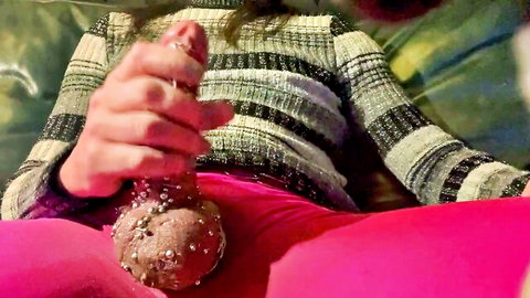 TSPierc handjob on heavily pierced cock in sweater and pink pants