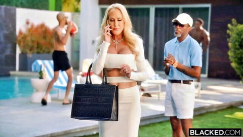 Brandi Love blonde MILF in white dress teasing BBC at pool party
