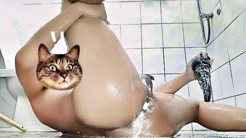 FemboyCreampie anal creampie with XXL tentacle dildo in wet shower