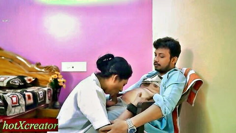 Desi nurse in uniform touching shirtless doctor patient, naughty medical roleplay