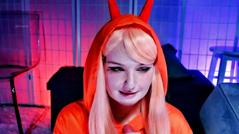 Chainsaw Man Power cosplay camgirl with pink hair, devil horns, orange hoodie
