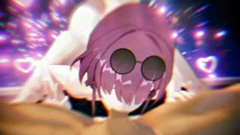 Anime Kafka with pink hair and sunglasses in soaked ecstatic pose, HMV hentai scene