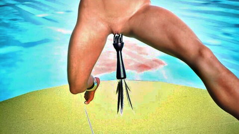 Nude fit woman with black flogger whip dangling from exposed shaved pussy in surreal blue water