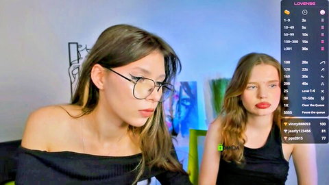 Claire Soft and blonde friend in shy teen cam show with Lovense, off-shoulder tops