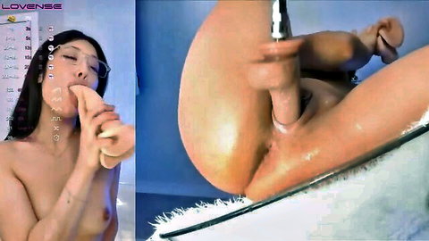 Asian camgirl Jane Sui solo shower masturbation with dildo insertion and oral