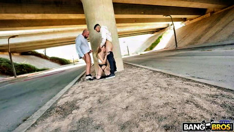 Angelique Lapiedra in public threesome under bridge, bent over for outdoor sex