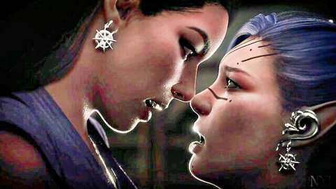 Intense close-up of two fantasy women, one with elf ears, gazing intimately