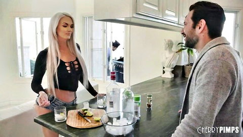 Brook Page in sexy black top and shorts seducing man at bar