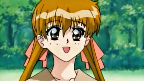Cute anime girl with orange pigtails smiling in forest, hentai style