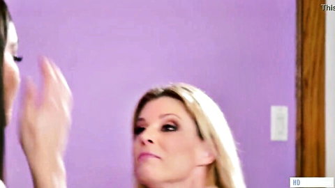Blonde MILF mom gesturing in wild lesbian lesson with daughters