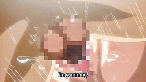 Pixelated Asian woman climaxing with fluids in public toilet scene