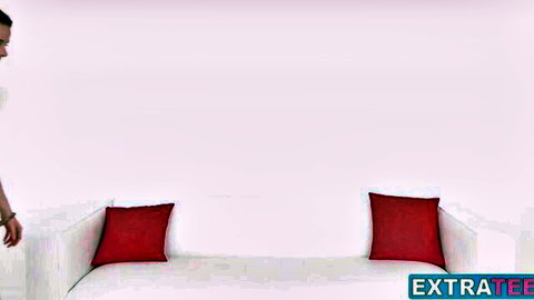 Skinny Catarina Petrov posing in white top, petite figure by couch